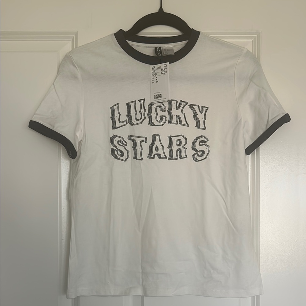 NWT H&M Lucky Stars White Tee with Navy Trim Size Small